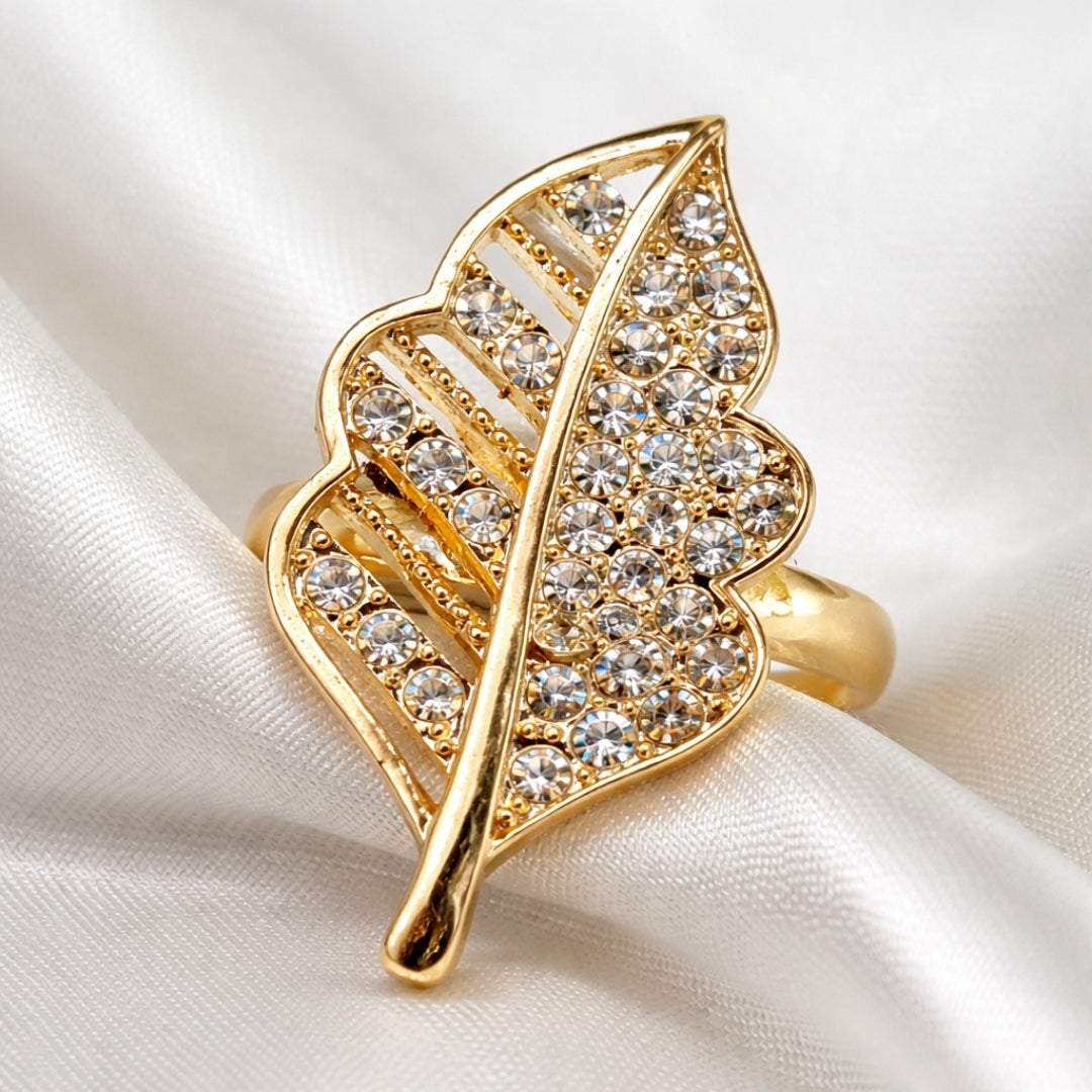 Elegant Crystal Studded Leaf Ring Adjustable Golden Ring for Women