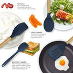 Kitchen Non toxic Spatula Set with Turner Tongs,Spoon,Brush,Whisk-Wooden Handle – Random Color