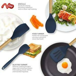 Kitchen Non toxic Spatula Set with Turner Tongs,Spoon,Brush,Whisk-Wooden Handle – Random Color