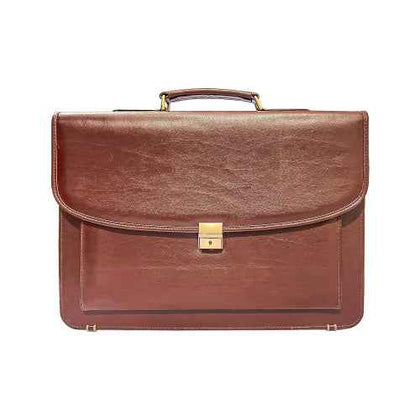 Dark brown vegan leather executive bag with top handle and gold-tone lock