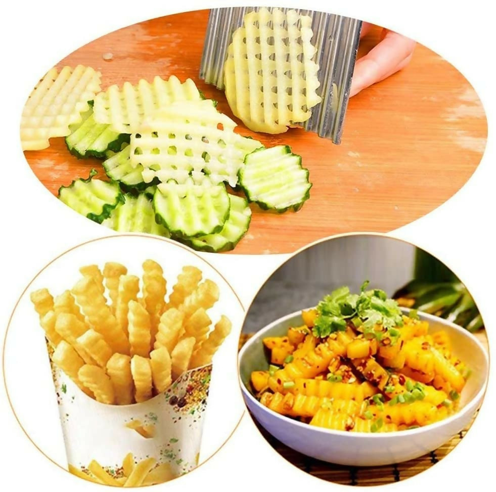 French Fry Crinkle Cutter – Stainless Steel Wavy Slicer Knife for Potatoes, Vegetables & Fruits | Easy Grip Chopper Tool for Kitchen Cutting & Garnishing