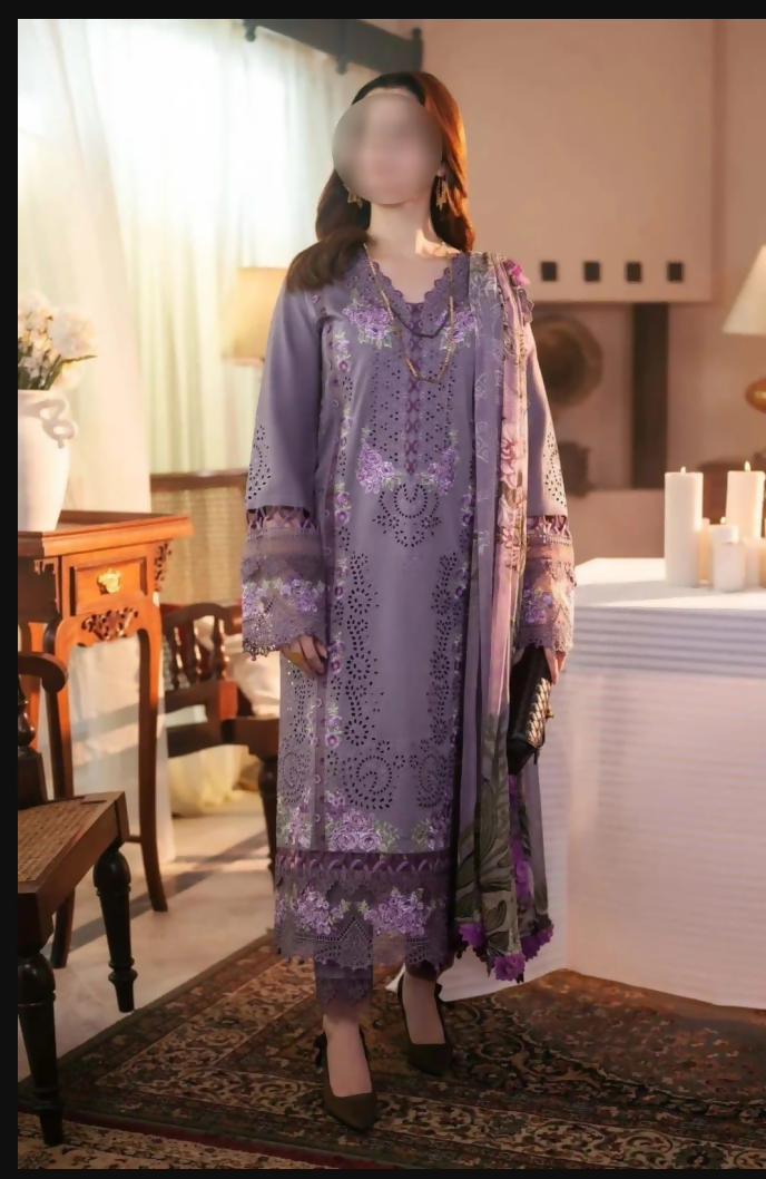 Purple Embroidered 3PC Women's Suit For Eid Party Wear