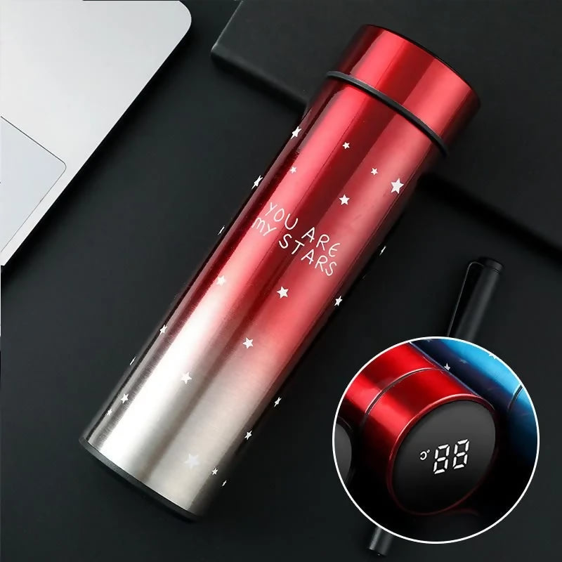 LED Temperature Display Water Bottle Stars Design | Smart Stainless Steel Vacuum 500ml Flask | Random Color LED Temperature Display Water Bottle