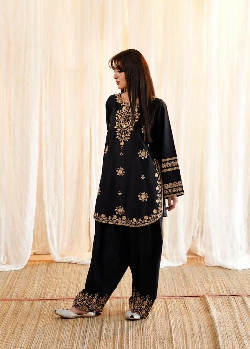 Malai Lawn Contrast Embroidered Shirt With Embroidered Sleeves & Malai Lawn Contrast Embroidered Farshi Shalwar 2pc Dress