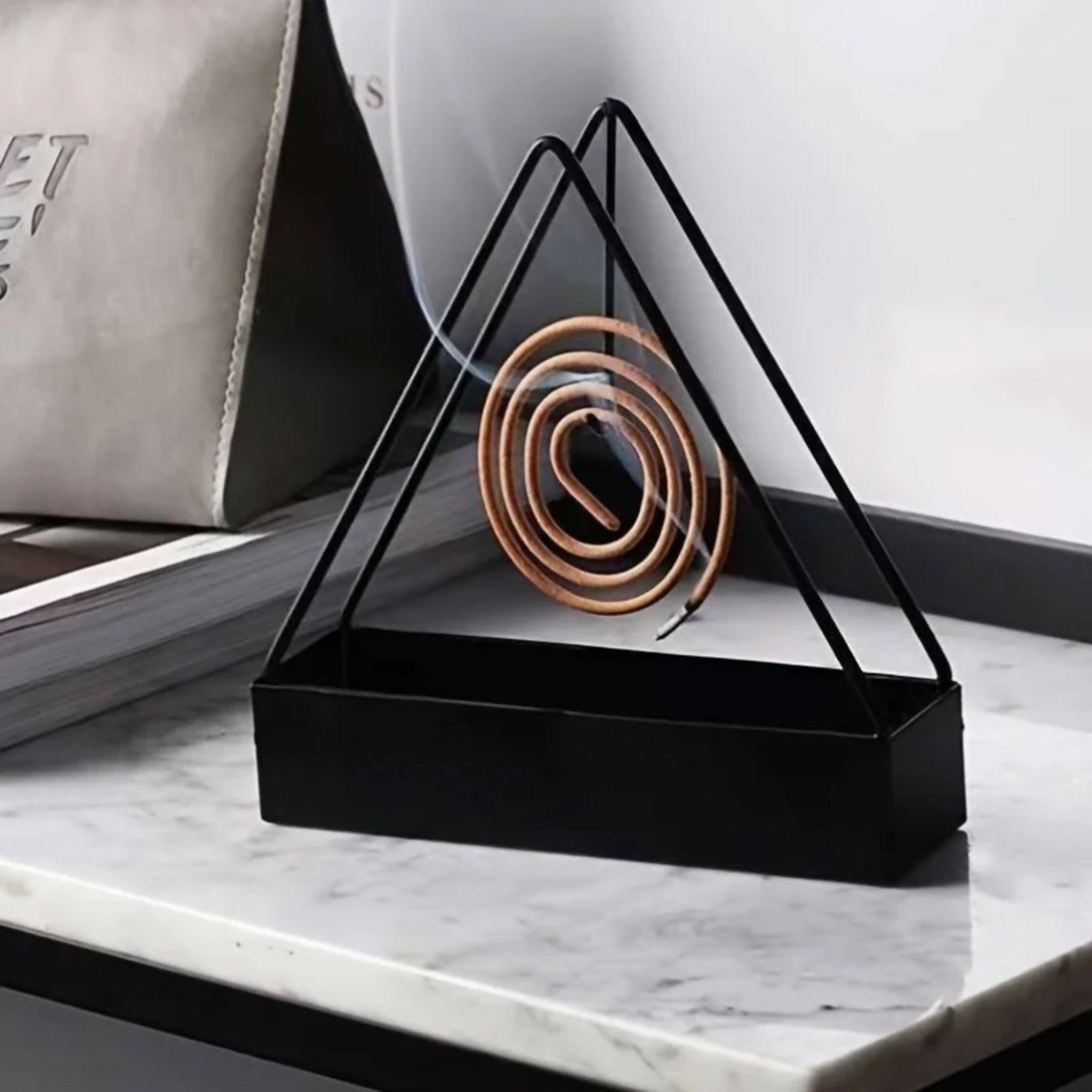 Triangle-Shaped Iron Mosquito Coil Holder | Creative Hanging & Standing Incense Burner | Durable Metal Design | Black | Pack of 1