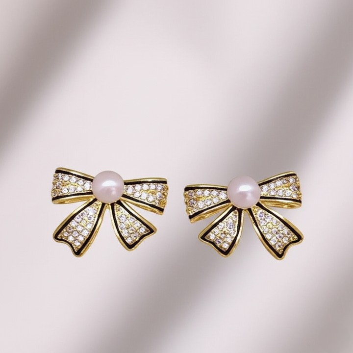 Earrings, PJT-995 Bow Shape Zircon Pearl for Women