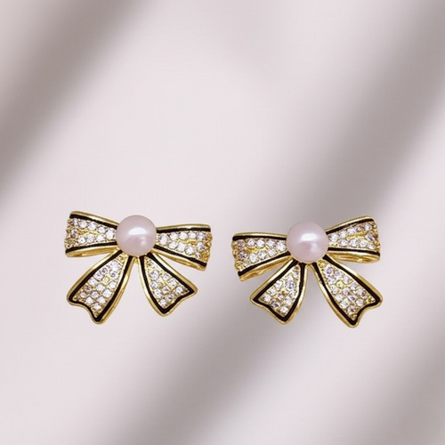 Earrings, PJT-995 Bow Shape Zircon Pearl for Women