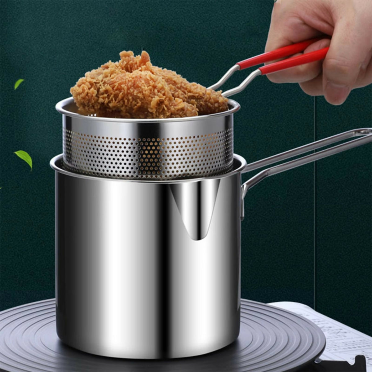 Stainless Steel Deep Fryer Pot with Strainer 1200ML | Heavy-Duty Oil Frying Pan for Kitchen