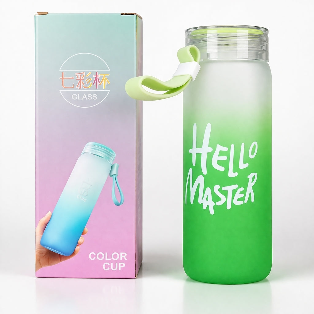 Glass Water Bottle BPA Free Travel Bottle Hello Master Design - 400ml