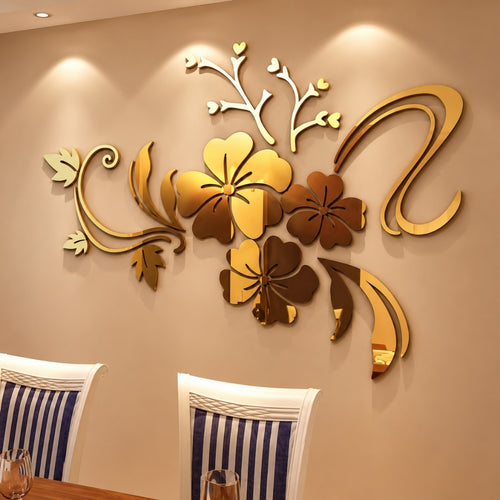 Golden Acrylic Floral Mirror Wall Décor for Bedroom