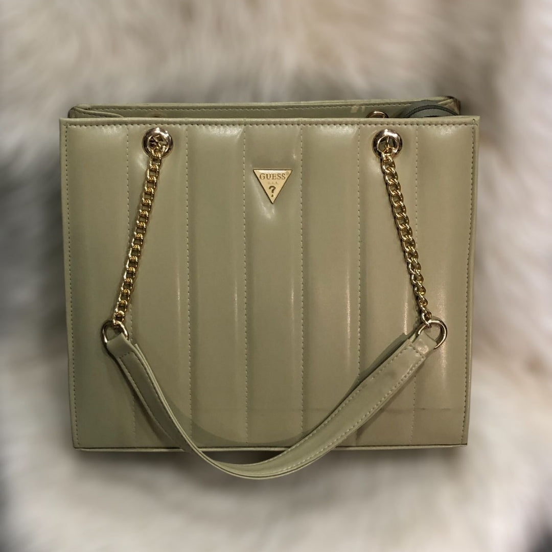 Guess Designer Handbag with Chain Strap Beige