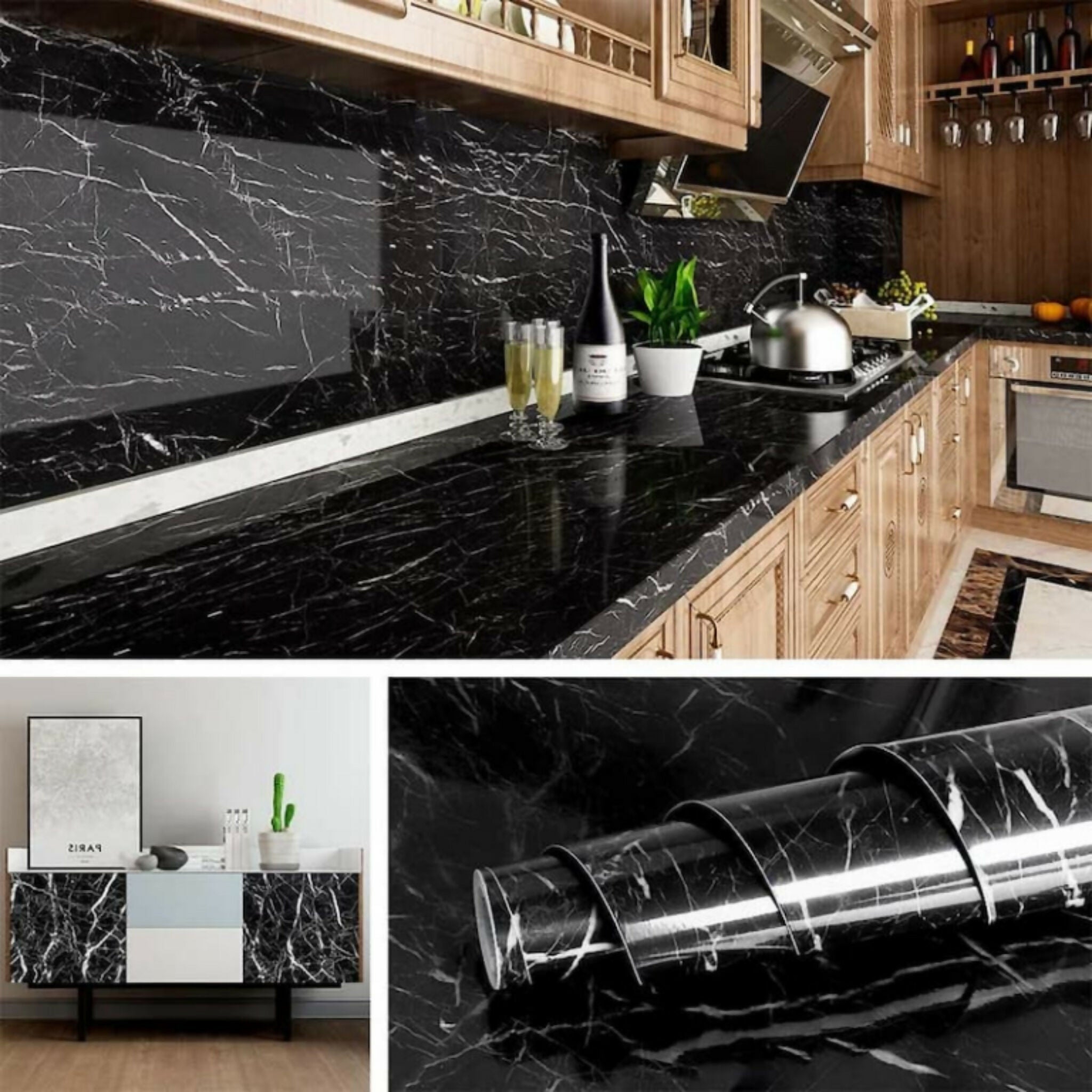 Self Adhesive Marble Sheet Sticker 60×200cm | Black Kitchen Wallpaper | Anti-Oil & Heat Resistant