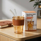 Premium Amber Glass Coffee Tumbler 400ml – Travel Mug with Leather Sleeve & Glass Straw