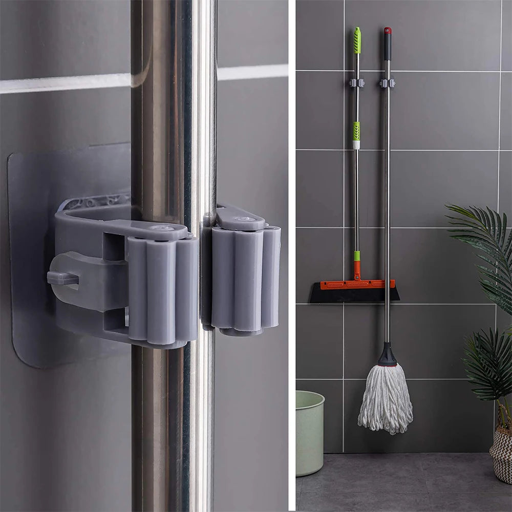 Wall Mounted Mop Holder Self Adhesive Non Slip Waterproof Organizer