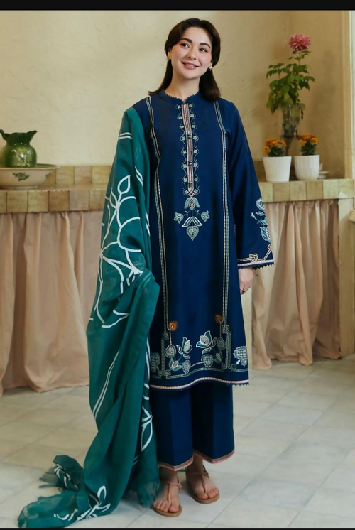 3 Pc Embroidered Lawn Suit Blue For Women