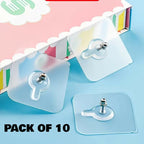 Transparent Self-Adhesive Wall Hooks Sticker – Strong Hold, No Drill, Damage-Free Hanging – Pack of 10