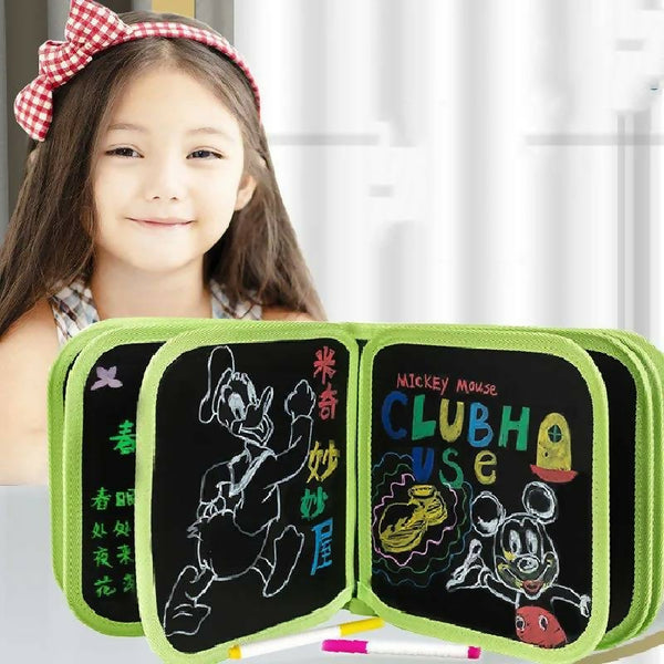 Erasable & Reusable Doodle Magic Blackboard Book with 3 Color Markers – Kids Drawing & Learning Activity Book (Random Color)