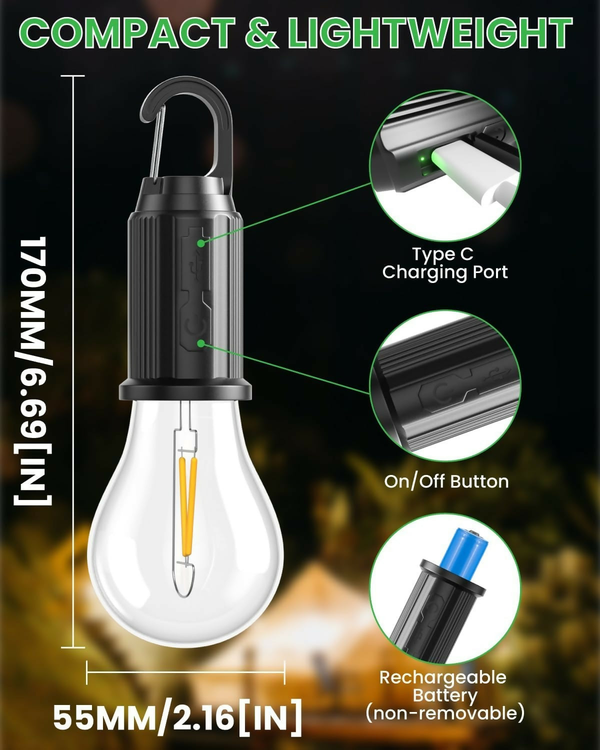 T01 Type-C Rechargeable LED Camping Bulb – Portable Hanging Warm Light Tent Lamp