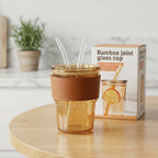 Premium Amber Glass Coffee Tumbler 400ml – Travel Mug with Leather Sleeve & Glass Straw