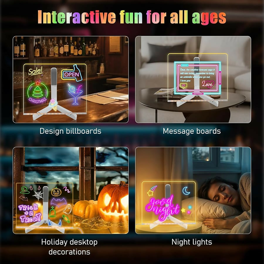 LED Light-Up Writing Board – 15×15 cm Acrylic Message Pad with Stand | Colorful DIY Notes & Erasable Neon Pens