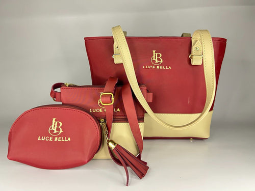3 in 1Premium Fashion Tote Handbag Set with Stole & Accessory - Red
