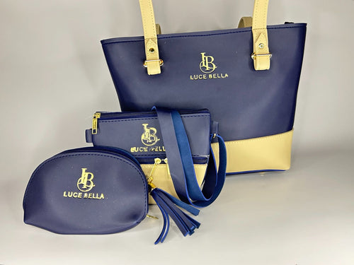 3 in 1Premium Fashion Tote Handbag Set with Stole & Accessory - Dark Blue