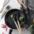 12 Pcs Silicone Cooking Utensils Kitchen Utensil Set | Heat Resistant Kitchen Non toxic Spatula Set with Turner Tongs,Spoon,Brush,Whisk-Wooden Handle – Random Color
