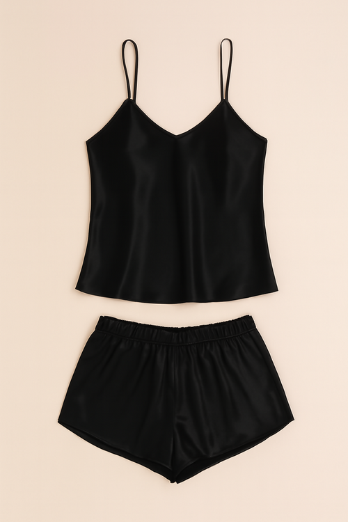 Satin Sleepwear Set Featuring A Luxe Camisole And Shorts Silky Soft, Lightweight – Free Size (Black)