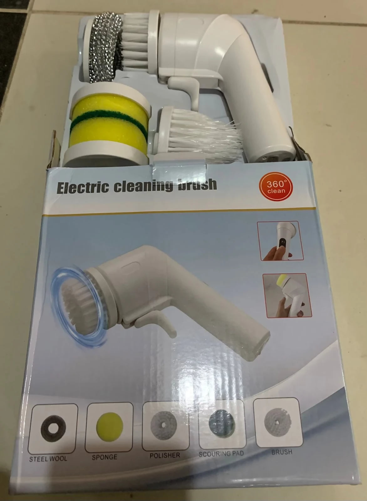 Electric Cleaning Brush With Multiple Attachments For Efficient Home Cleaning – 360° Rotating Scrubber With Sponge, Brush, And Steel Wool Heads
