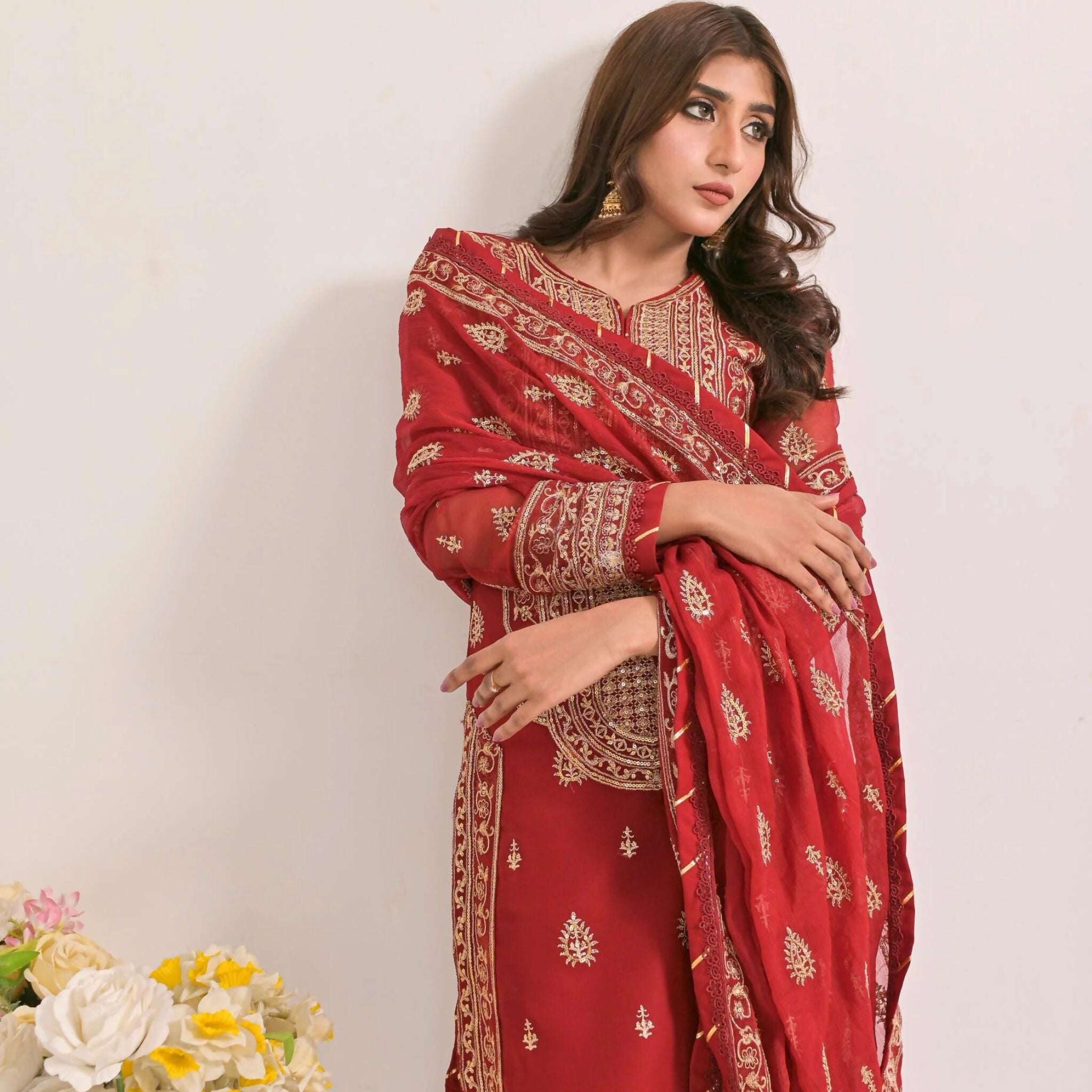 Dress Set, Luxurious Dark Red & 3-Piece Chiffon, for Women