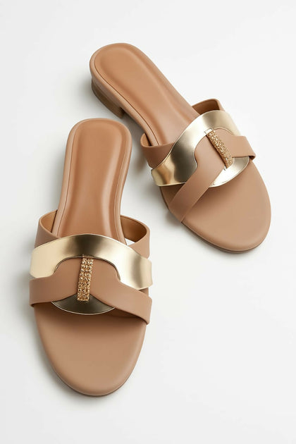 Women’s Tan & Gold Flat Sandals | Stylish Slides