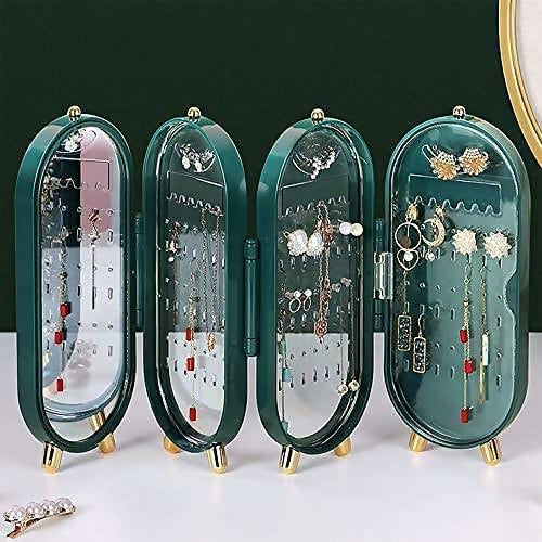 Jewellery Box Organiser with Mirror – Foldable Exquisite Dustproof Jewelry Storage Case Multi-Function Screen Shaped Metal Display Jewelry Stand for Earring – Necklace & Bracelet (Random Color)