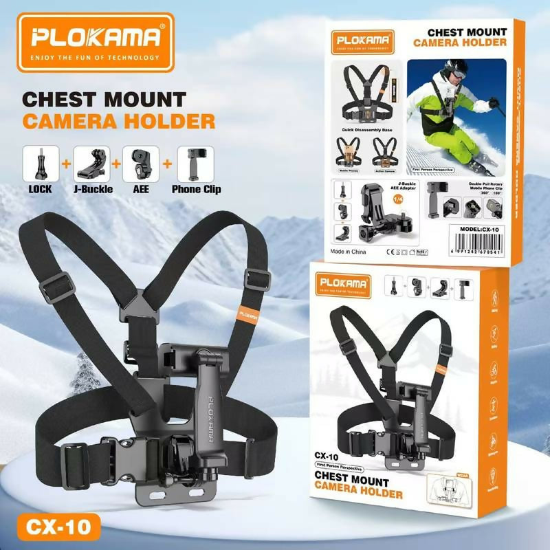 PLOKAMA CX10 Action Camera And Phone Chest Mount Holder 360 Adjustable Harness Strap For Sports Hiking Vlogging