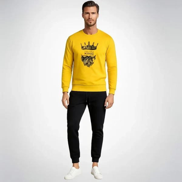 KING Printed Yellow Tracksuit Sweatshirt & Trouser | Warm & Comfortable Winter Wear | Medium