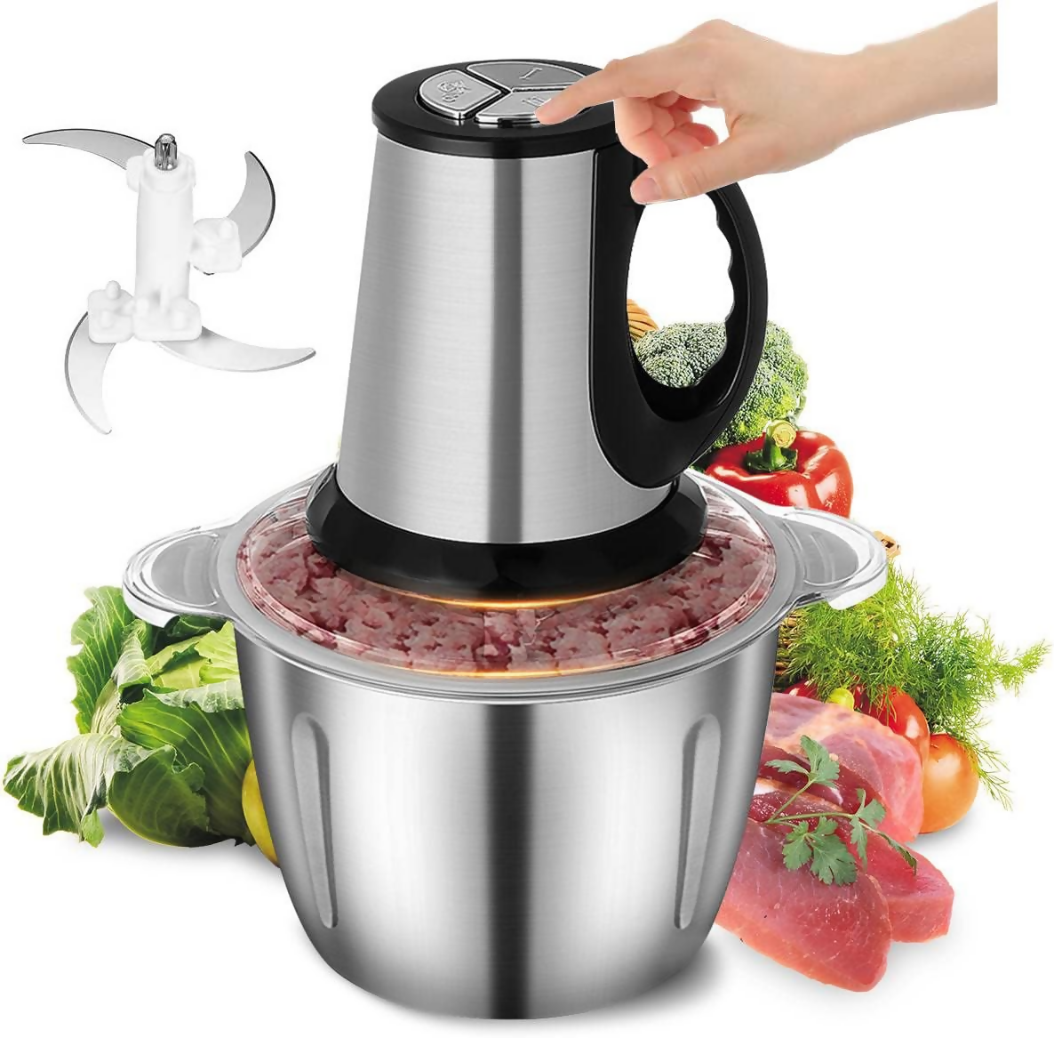 Falari 3L Electric Meat Grinder, Stainless Steel Electric Chopper for Household Use, Automatic Food Processor With 3 Speed for Meat, Vegetables, Fruit and Nuts, Detachable and Washable