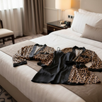 Couple Leopard Print & Black Satin Sleepwear Set – 4 Pcs Robe & Nightdress Set (DC-1021)