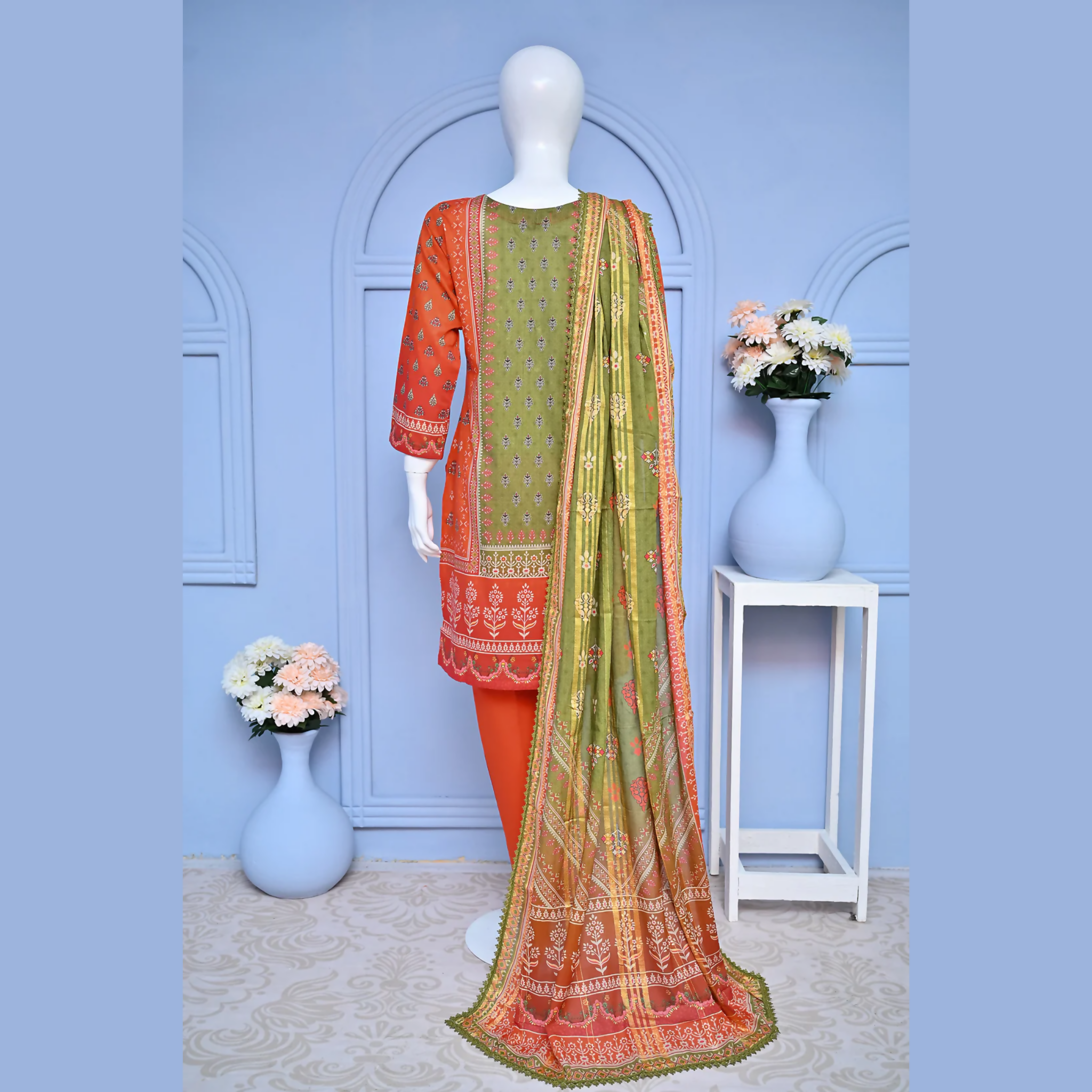 Stitched Suit, Pret 3 Piece Embroidered Lawn with Diamond Voil Duppatta