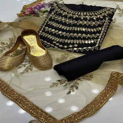 Unstitched Suit With Khussa, Black, Elegant Qattan Silk Mirror Work Outfit