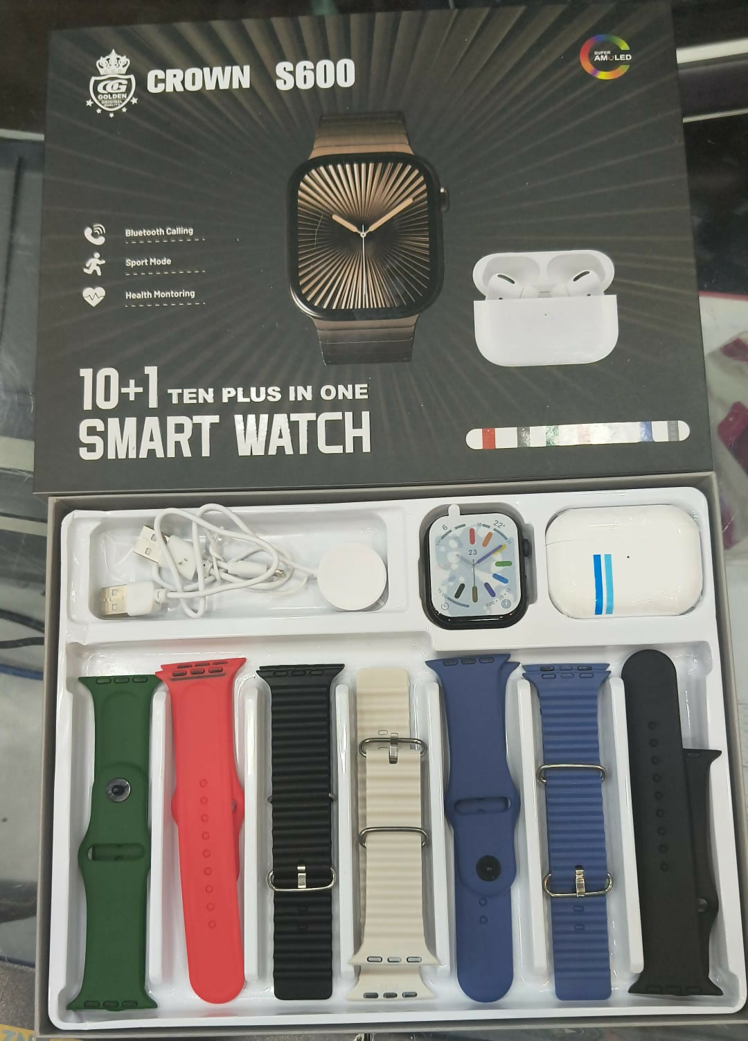 Crown S600 10+1 Ten Plus in One Smart Watch with Bluetooth Calling & Earbuds Set