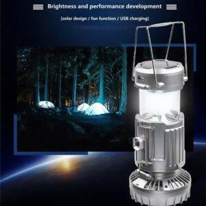 6 in 1 portable outdoor LED camping lantern with fan solar charge rechargeable light