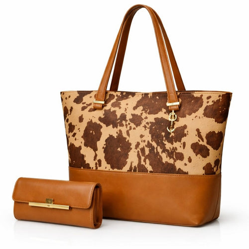 Large Cow Print Shoulder Tote Bag Set with Matching Pouch