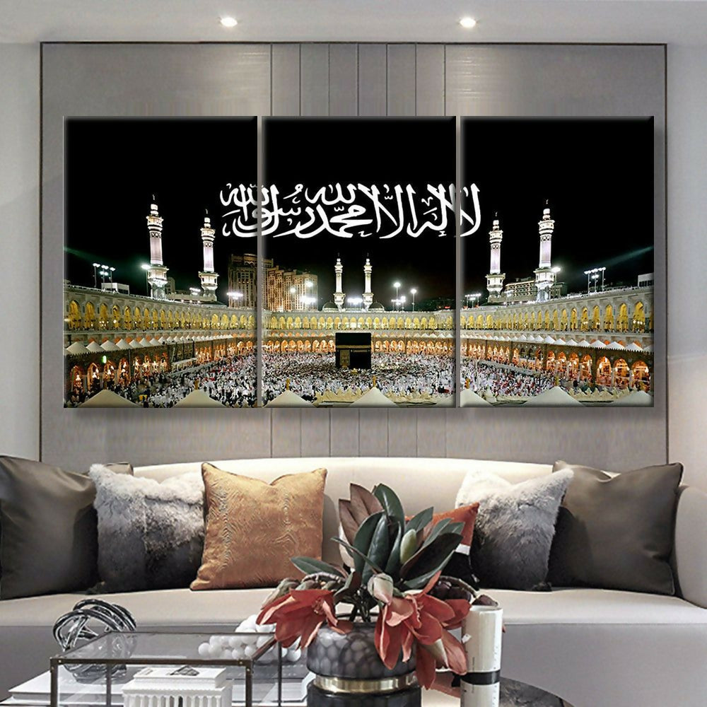 3pcs Kaaba And Kalma Stickytiles Frames Providing Spiritual Design Elegant Look Modern Appearance And Home Decoration - 12*16