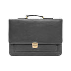 Classic black leather executive briefcase with gold lock and handle