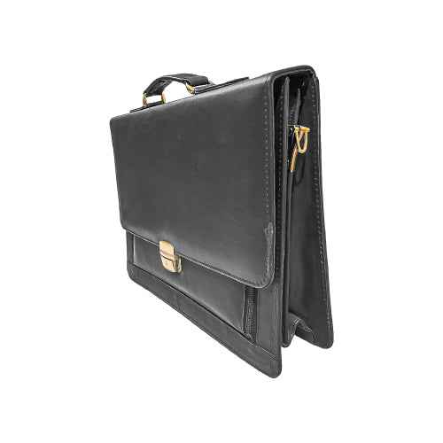 black leather briefcase with multiple compartments for laptop and documents