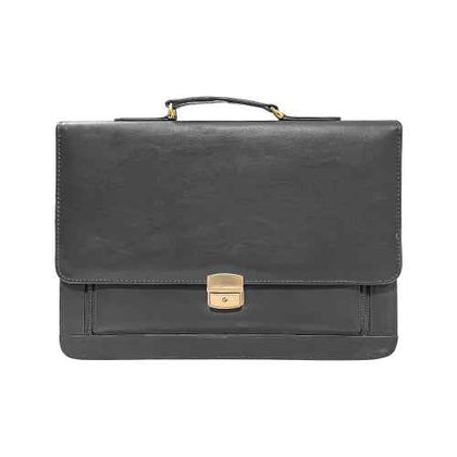 Classic black leather executive briefcase with gold lock and handle