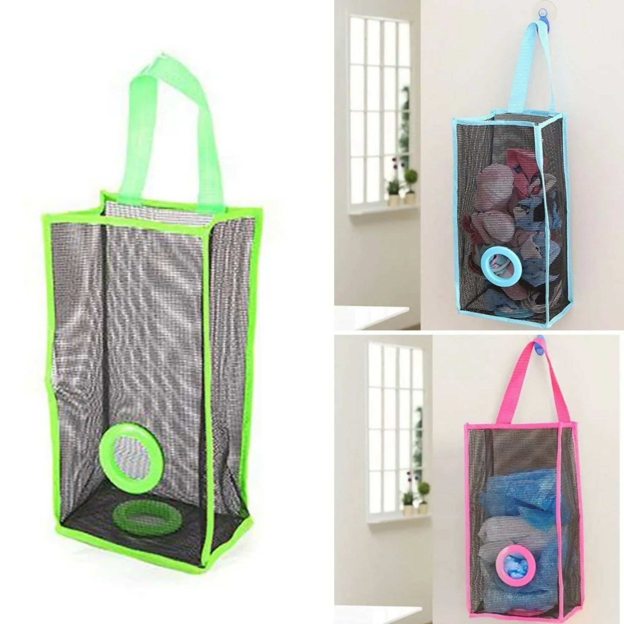 Plastic Bag Holder & Dispenser – Hanging Mesh Storage Organizer for Garbage, Trash & Grocery Bags | Random Color
