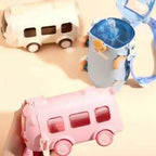 School Bus Design Kids Water Bottle With Strap– 600ml ABS Plastic Leak-Proof Bottle Small Square Drinking Cup – Fun & Durable Water Bottle for Children (Random Color)