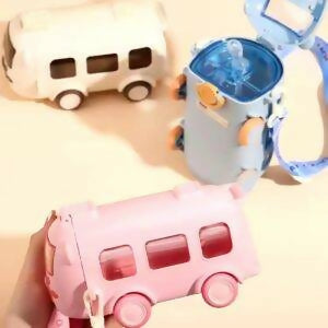 School Bus Design Kids Water Bottle With Strap– 600ml ABS Plastic Leak-Proof Bottle Small Square Drinking Cup – Fun & Durable Water Bottle for Children (Random Color)