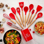 12 Pcs Silicone Cooking Utensils Kitchen Utensil Set | Heat Resistant Kitchen Non toxic Spatula Set with Turner Tongs,Spoon,Brush,Whisk-Wooden Handle – Random Color