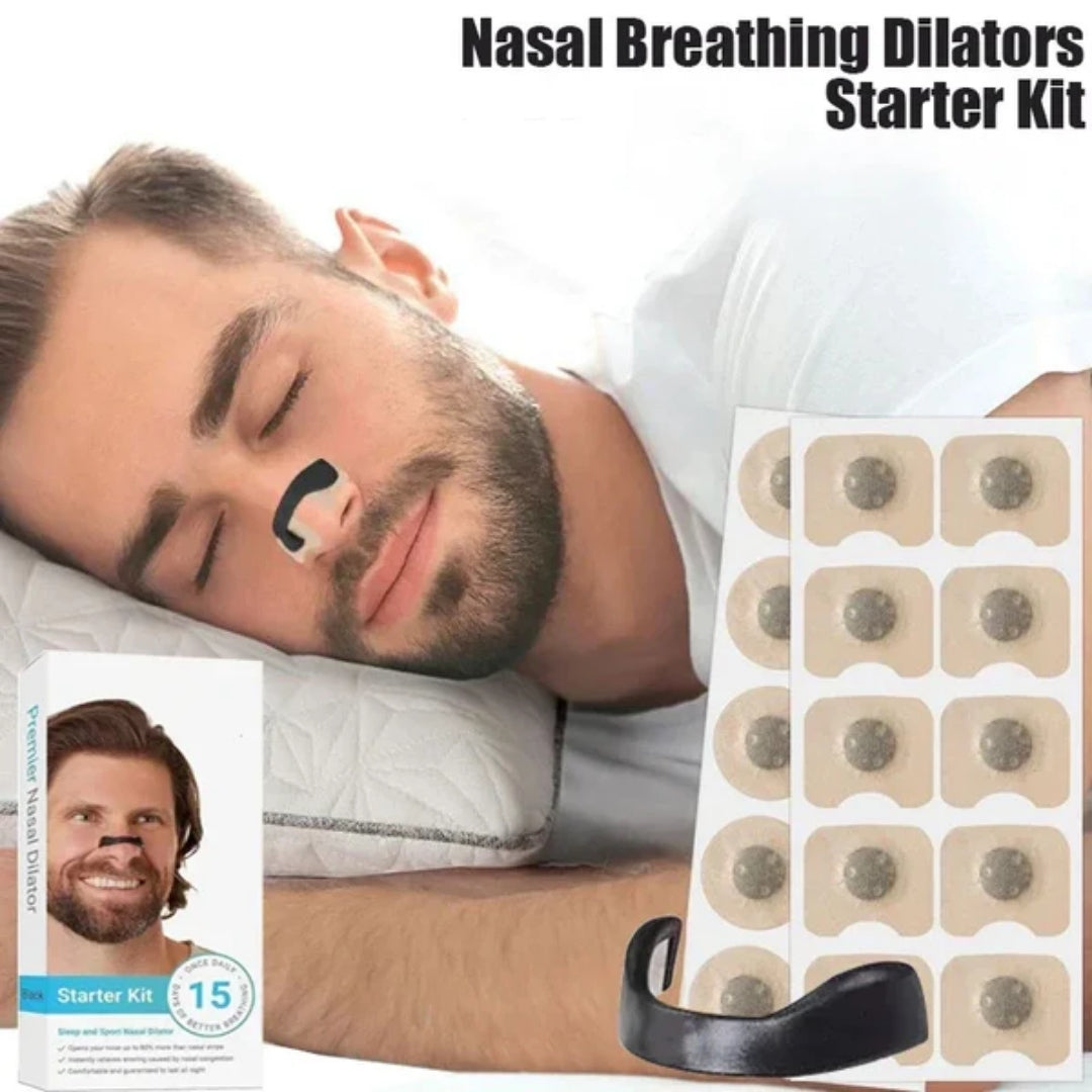 Magnetic Nose Strips Sleepco kit showing 15 adhesive strips, nasal lifting band and instruction guide